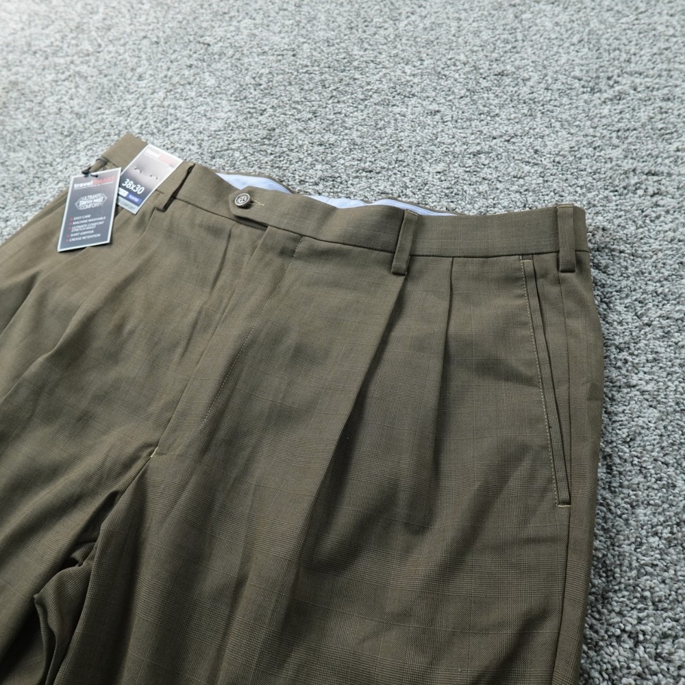 NEW Roundtree Yorke Pants Mens 38X30 Brown Chino Trouser Pleated Cuffed Stretch